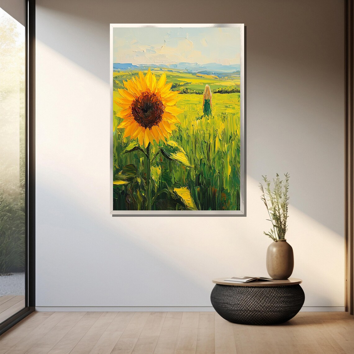 Blonde Woman Walking Alone Through A Sunny Sunflower Field Poster - Image 3