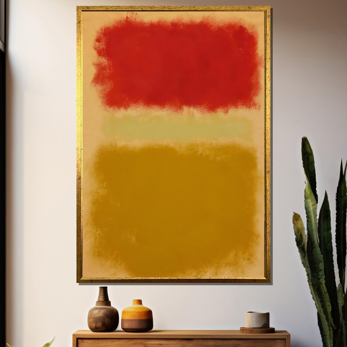 Vivid Red Floating Over Earthy Gold Abstract Color Field Poster