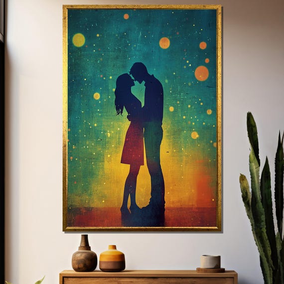 Silhouette Of Love Painting Enchanting Couple In A Starry Night Romantic Gift For Lovers Dreamy Wall Art For Modern Homes