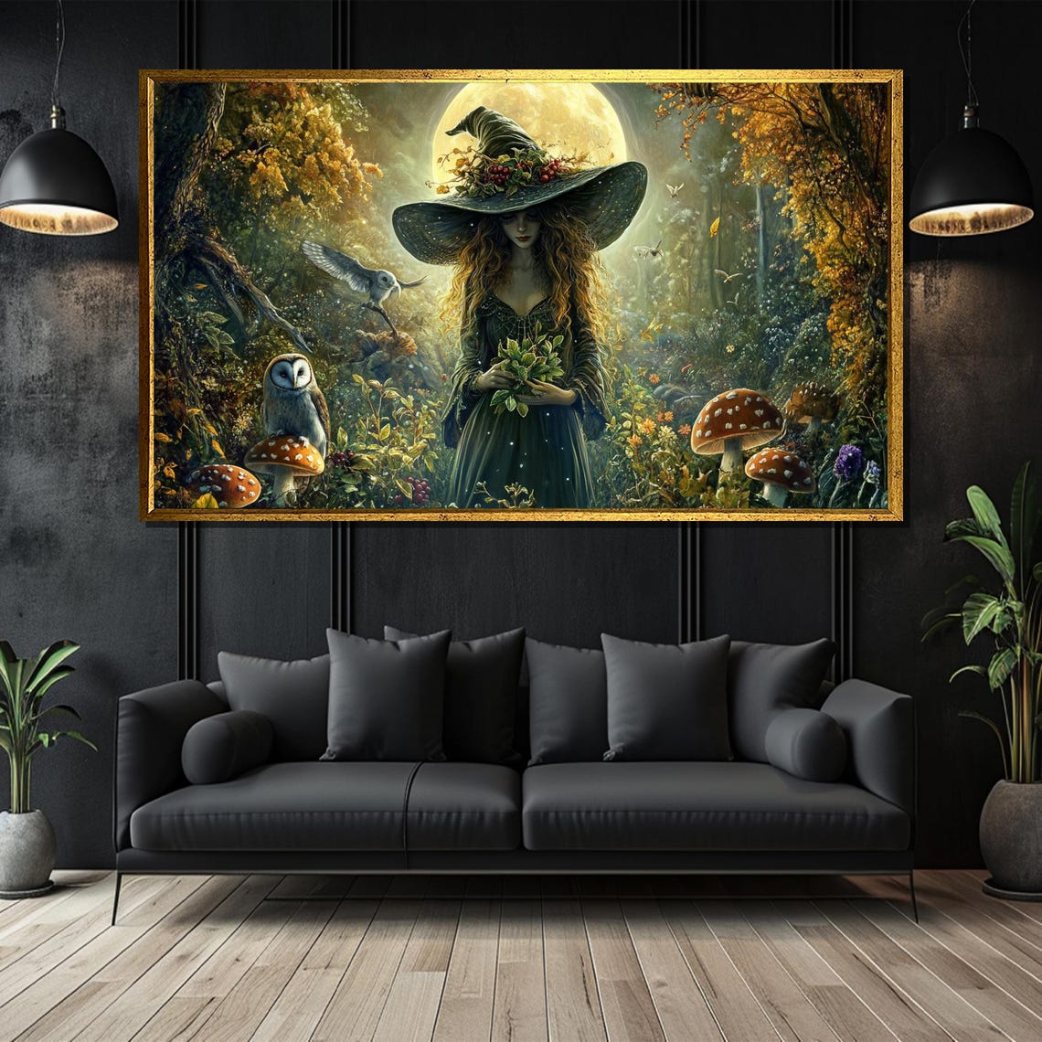 Woodland Witch Gathering Herbs with Owls Under Full Moon Poster