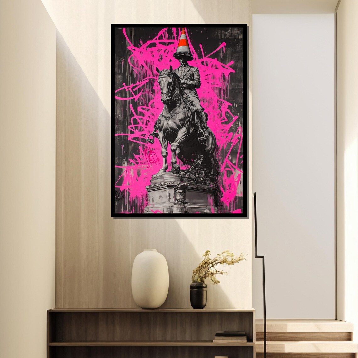 Equestrian Statue With A Traffic Cone On Pink Graffiti Poster - Image 4