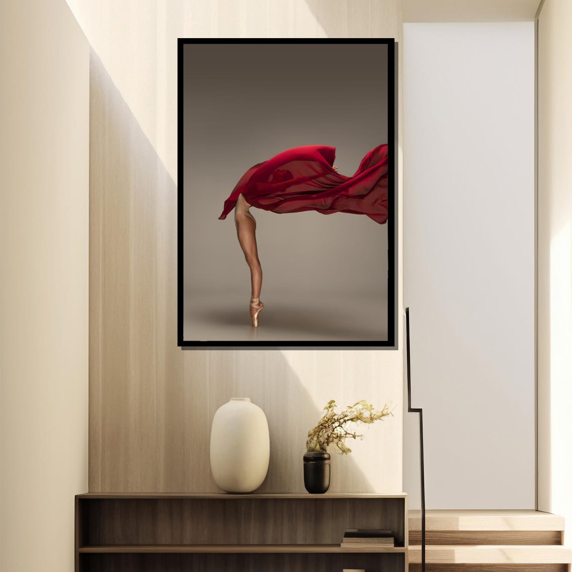 Graceful Ballerina Painting Modern Dance Art Gift With Flowing Red Fabric - Image 4