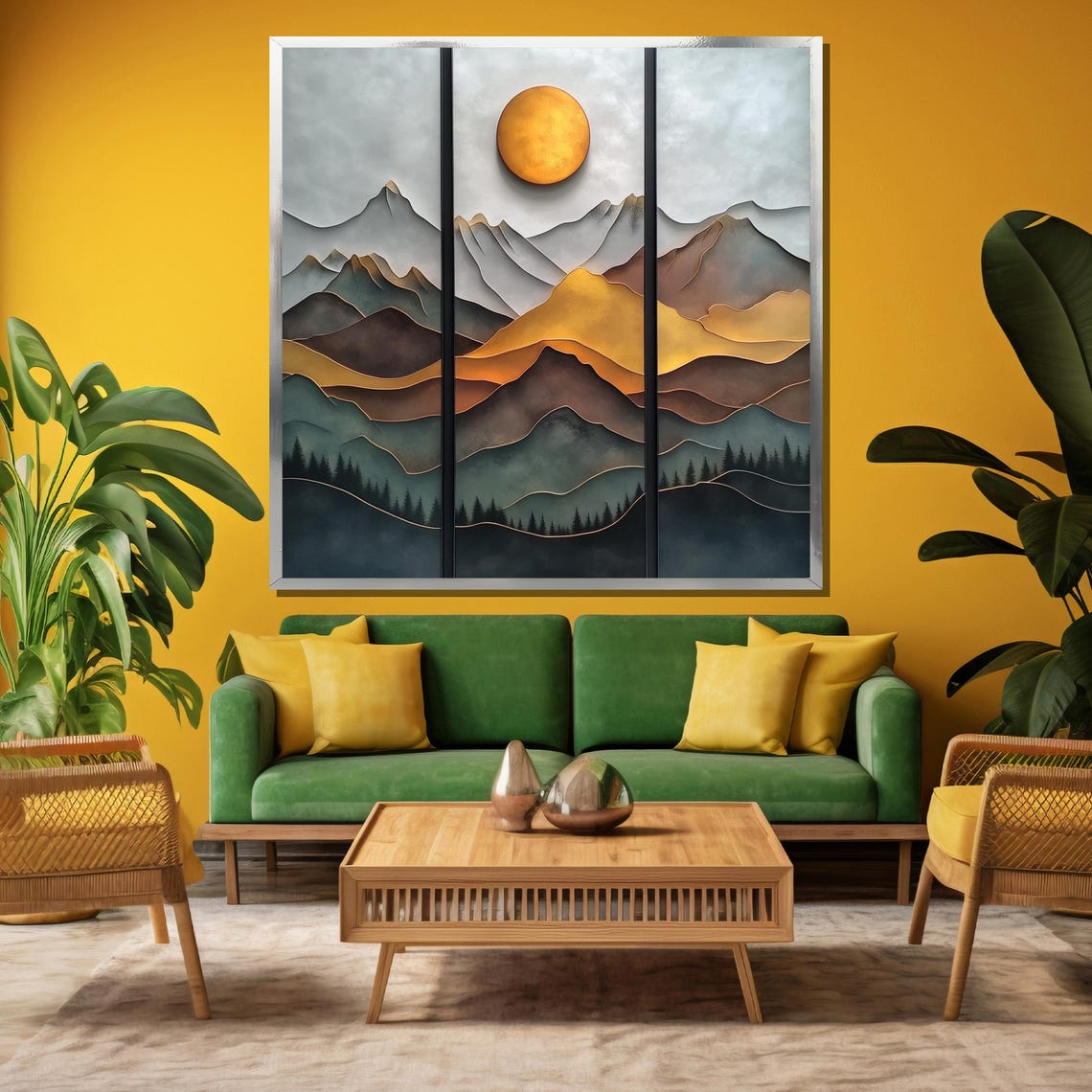 Golden Sunset Triptych Painting Modern Layered Mountain Art Gift For Sophisticated Home Decor - Image 3