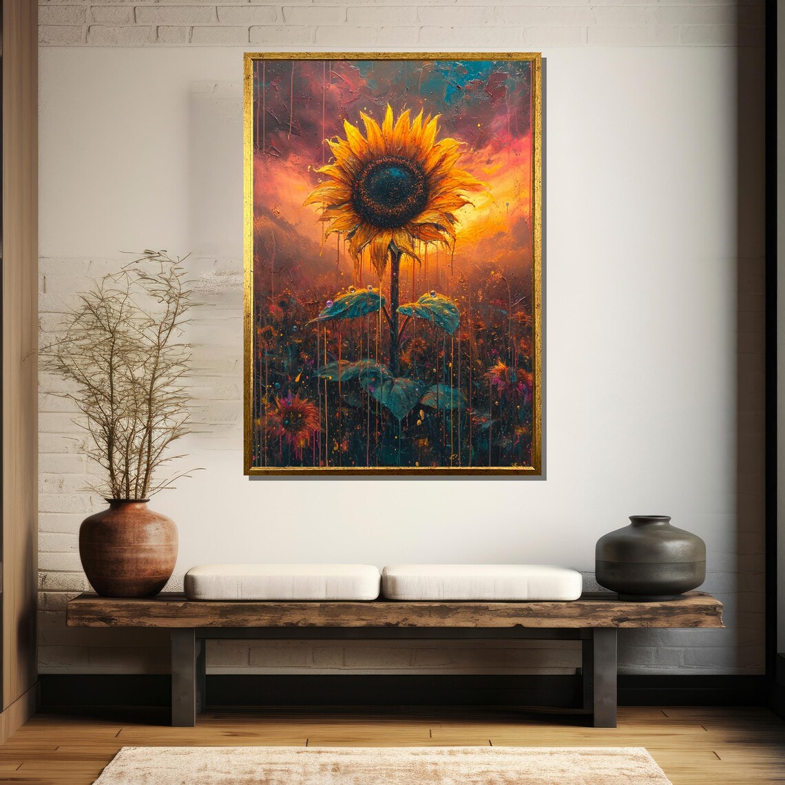 Tall Sunflower In Psychedelic Sunset Field Surreal Floral Wall Art - Image 5