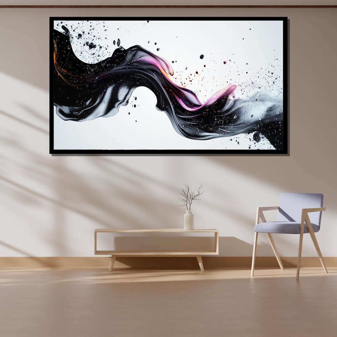 Dynamic Abstract Fluid Art On Black Pink And Orange Splashes On Minimalist White Background - Image 4