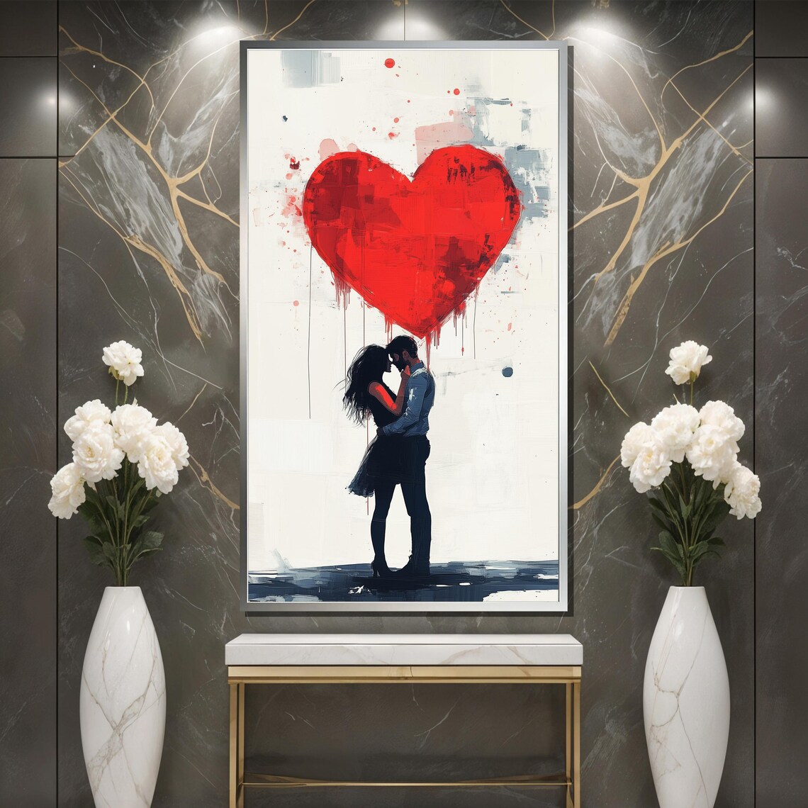 Romantic Couple Under Giant Dripping Red Heart Abstract Love Poster - Image 3