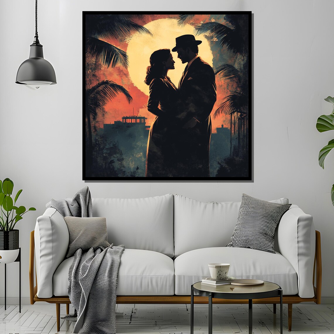 Film Noir Couple Silhouette Under Giant Moon at Tropical Harbor Poster - Image 4
