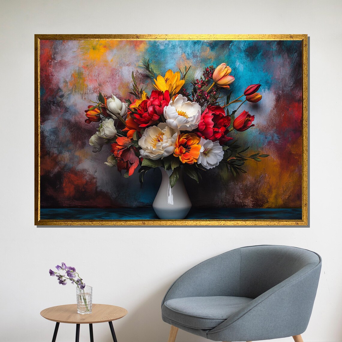 Vibrant Peony Lily And Tulip Bouquet In A White Vase Floral Poster
