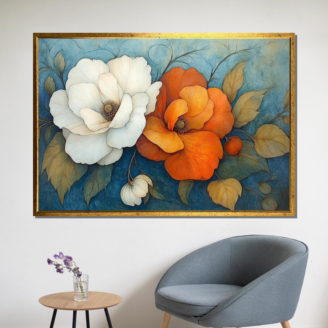 White And Orange Blossoms Modern Elegant Botanical Floral Wall Art