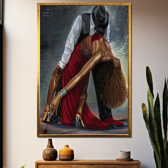 Passionate Dance Couple Dip With Woman In Flowing Red Gown Poster