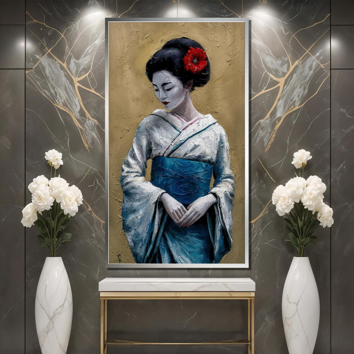 Graceful Geisha with Red Flower on Textured Gold Leaf Poster - Image 3