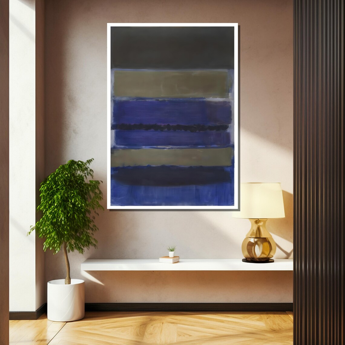 Layered Deep Blue And Olive Green Stripes Abstract Art Poster - Image 2
