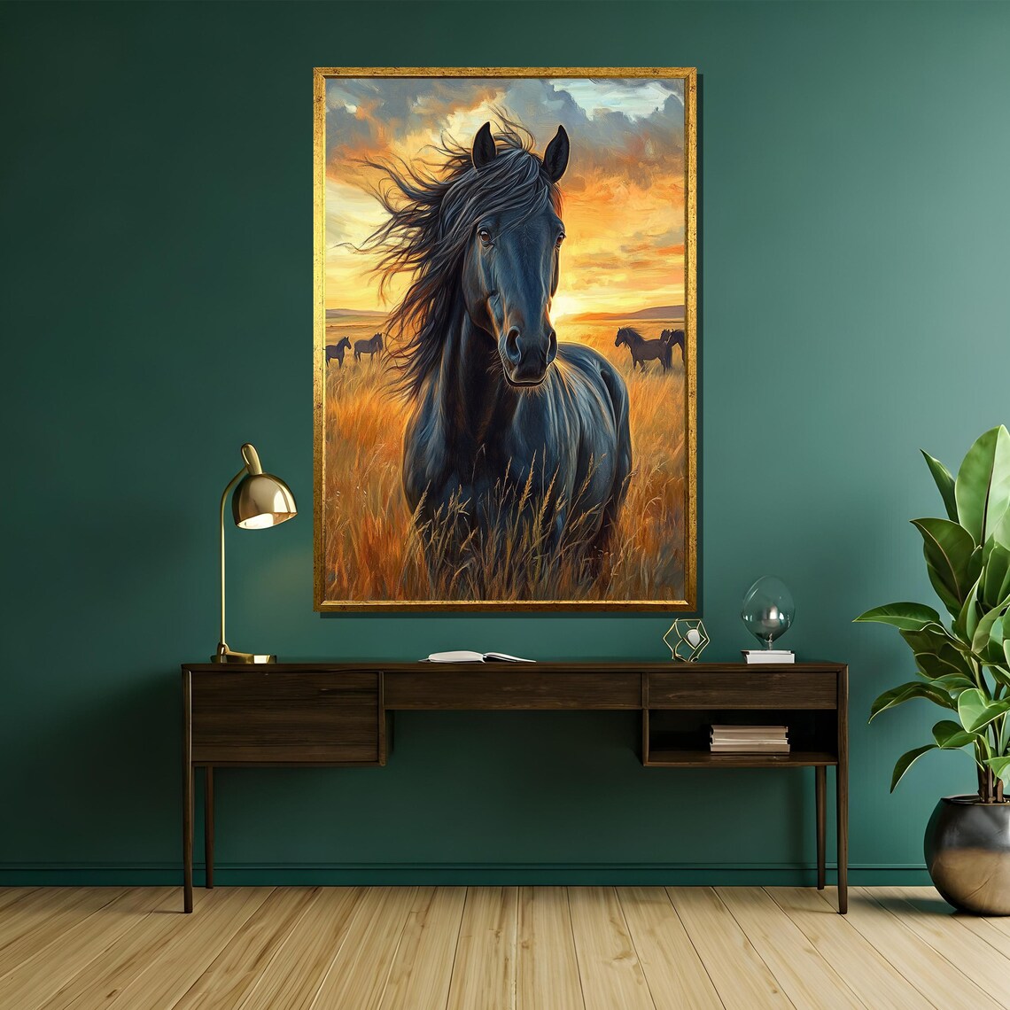 Majestic Black Horse At Sunset In A Golden Meadow Painting Poster - Image 5