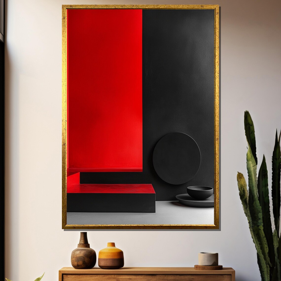 Red And Black Minimalist Geometric Shapes Modern Abstract Poster
