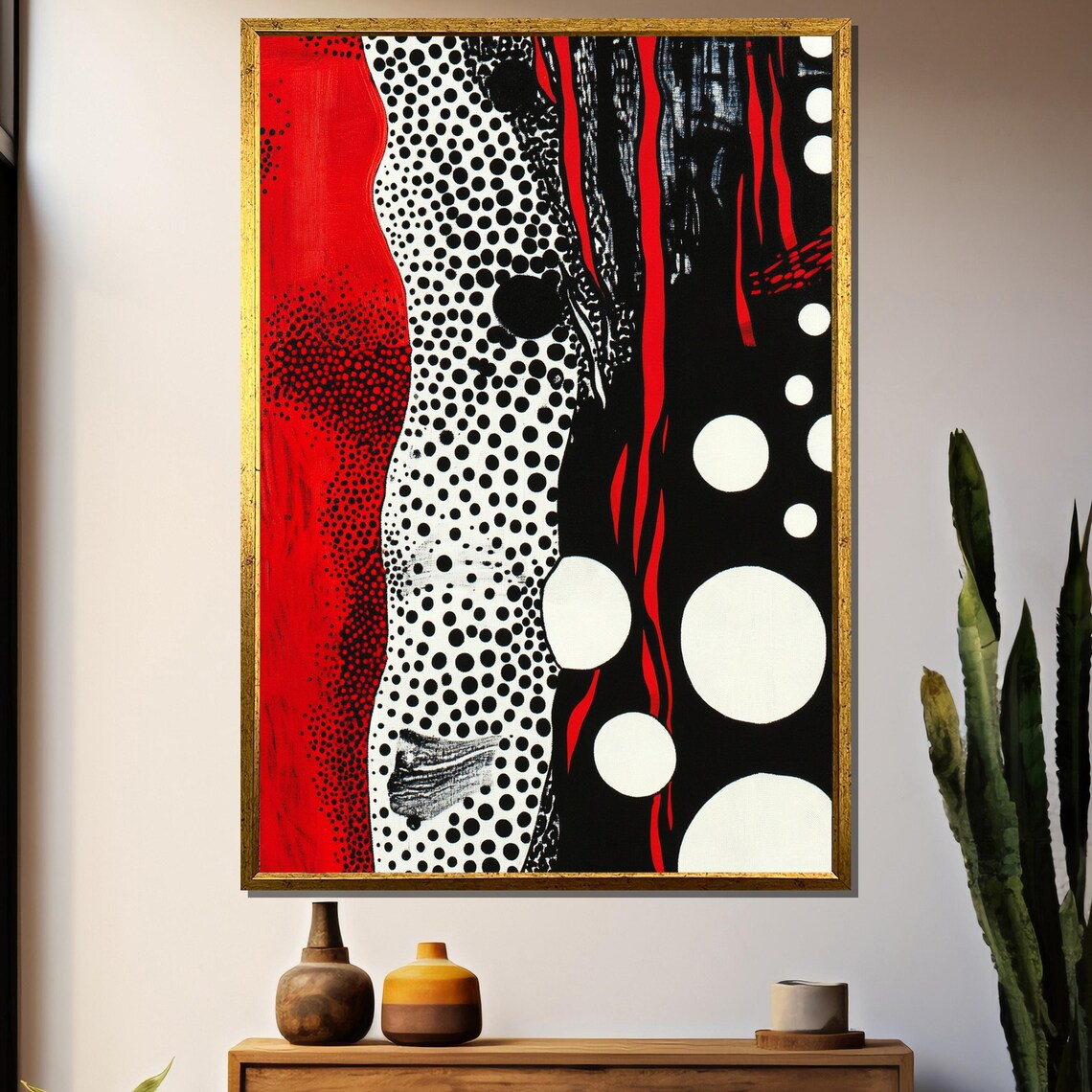 Kusama-Inspired Red Black and White Polka Dot Abstract Waves Poster