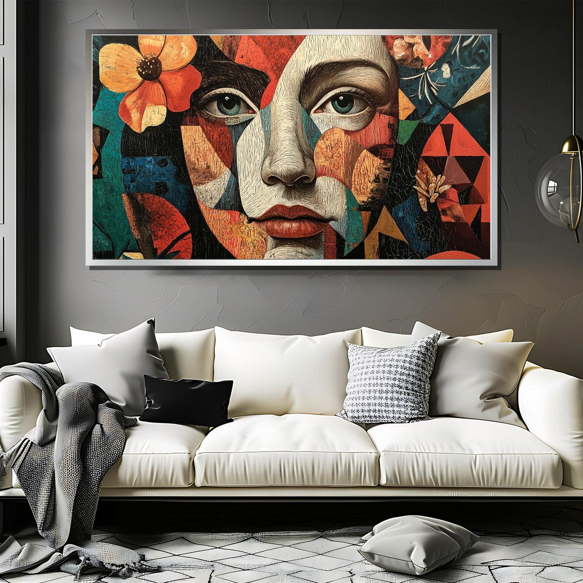 Cubist Abstract Portrait Painting Geometric Face Art Vibrant Mixed Media Wall Decor Modern Picasso Print - Image 3