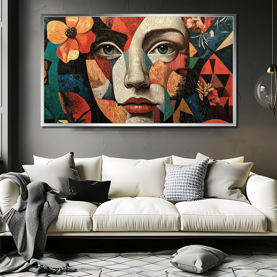 Cubist Woman Portrait with Orange Flower in Geometric Pop Style Poster - Image 3