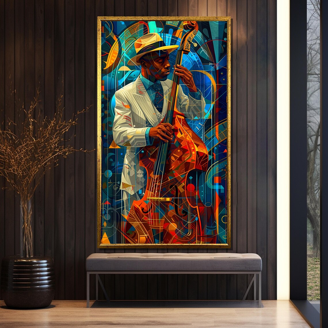 Vibrant Art Deco Jazz Double Bassist Musician Portrait Poster - Image 5