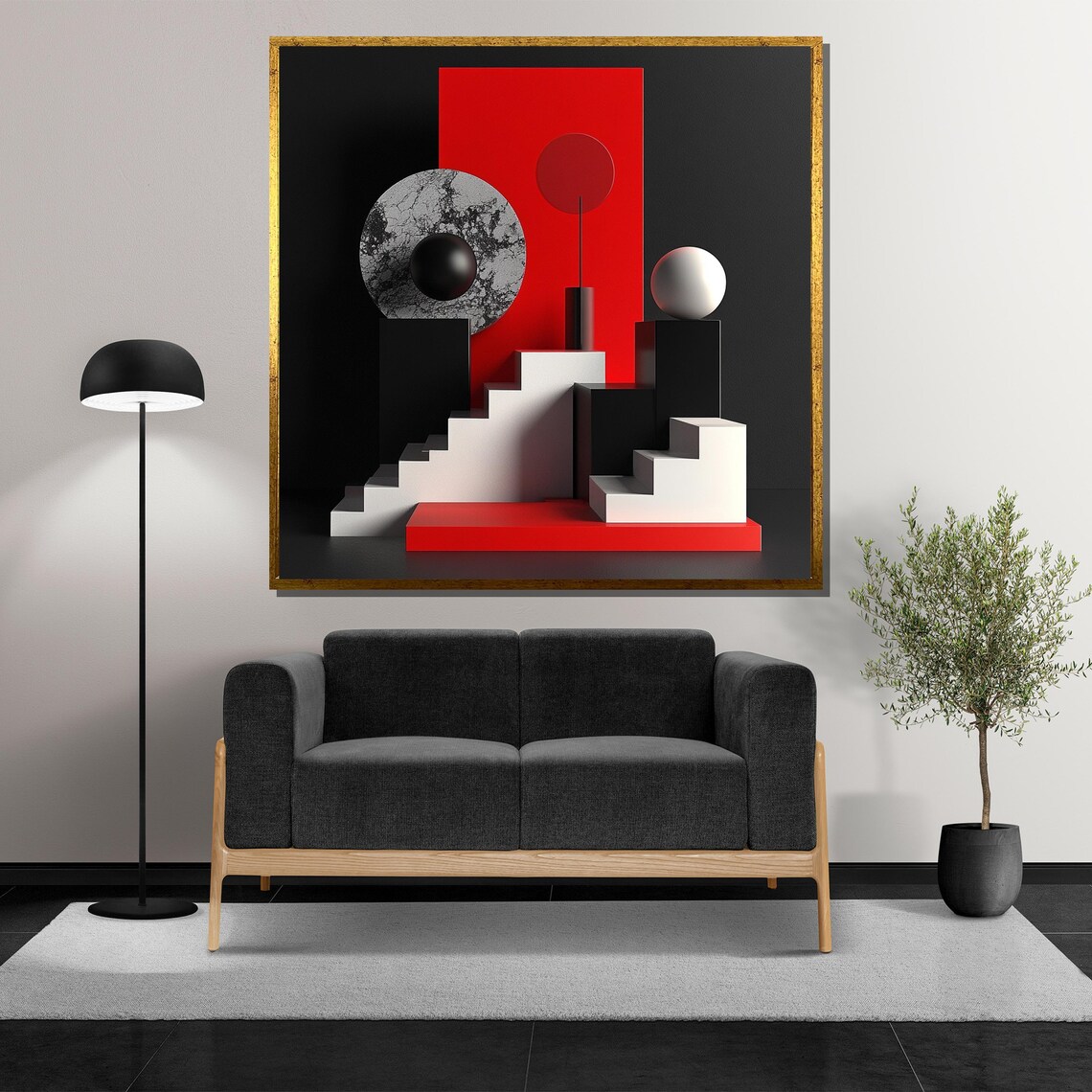 Black Red and White Geometric Stairs and Moon Abstract Poster - Image 5