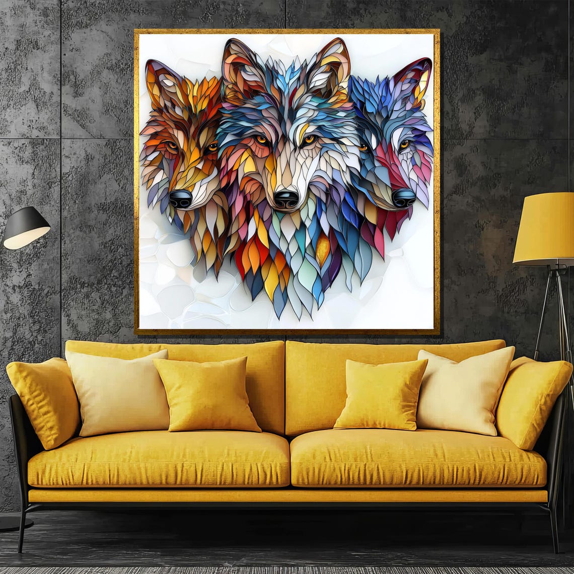 Three Colorful Mosaic Wolves in Vibrant Feather Pattern Modern Poster