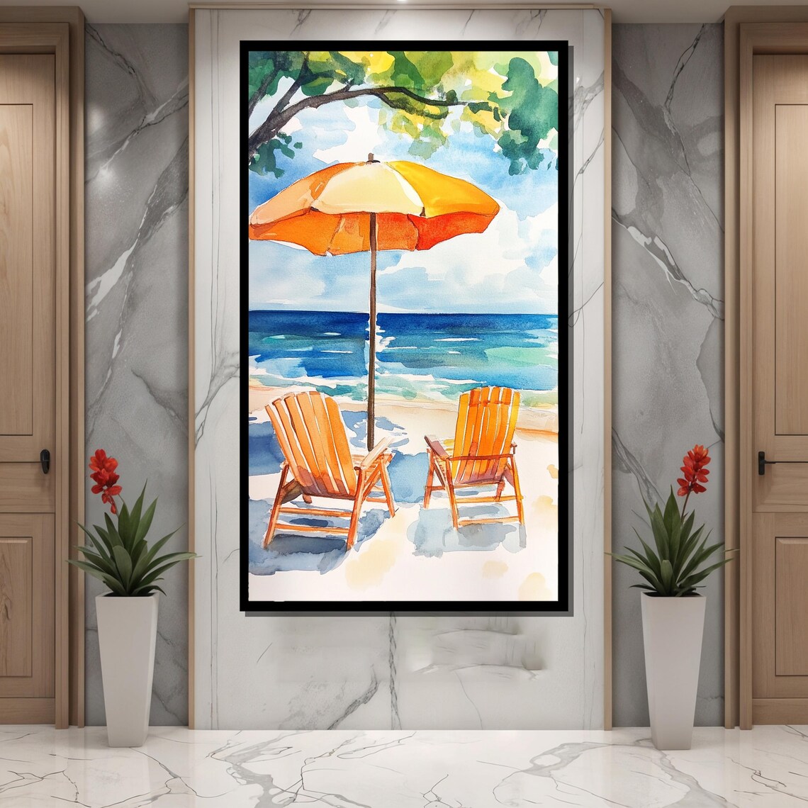 Sunny Watercolor Beach Scene with Chairs and Orange Umbrella Poster - Image 4