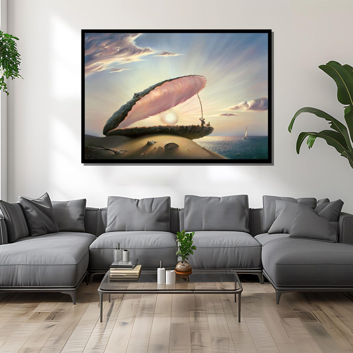 Surreal Giant Seashell with Pearl Sun on a Sunset Beach Poster - Image 4