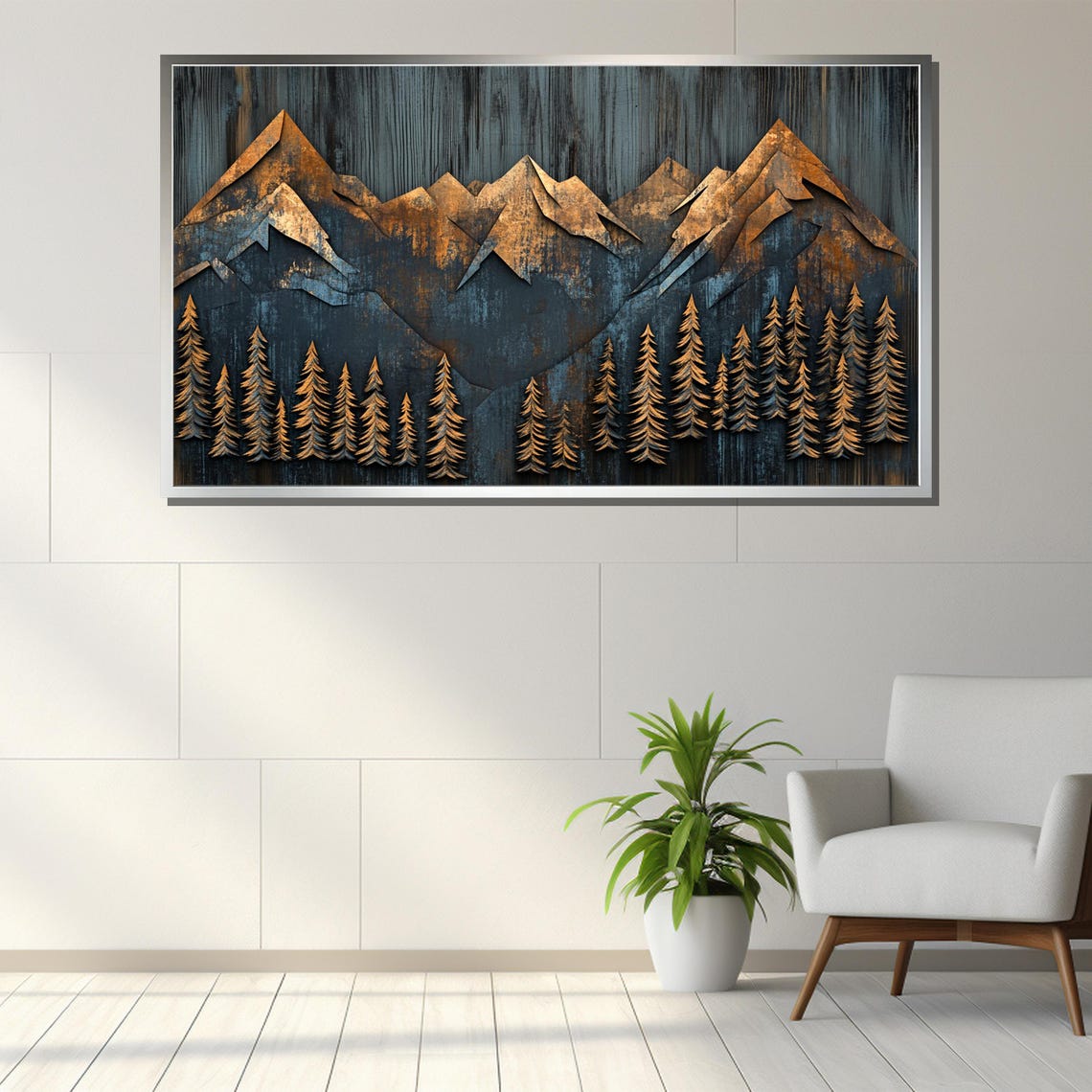Rustic Metallic Mountain Painting Layered Forest Wall Art Gift For Modern Home Decor - Image 3