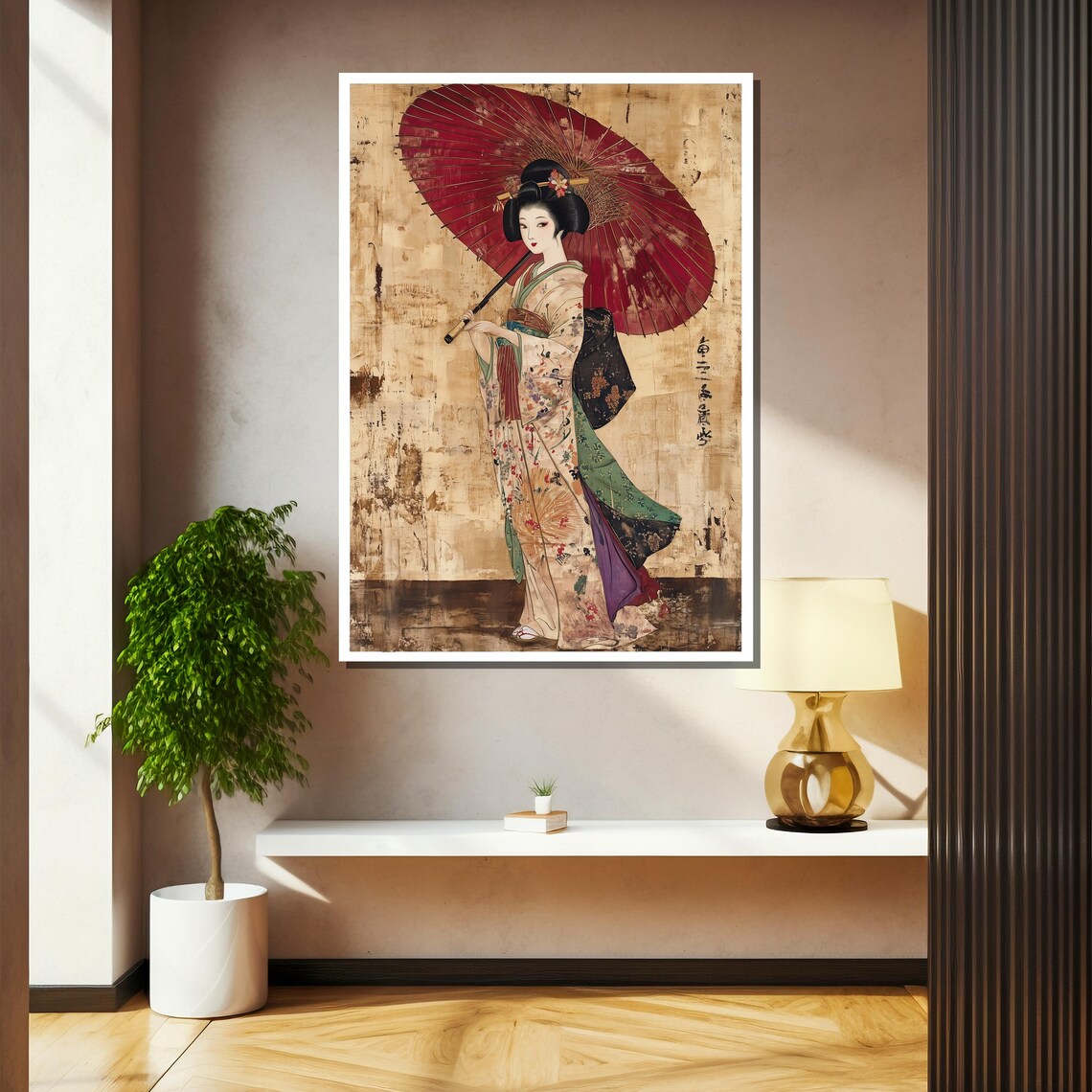 Traditional Japanese Geisha With Umbrella Art Print - Image 2