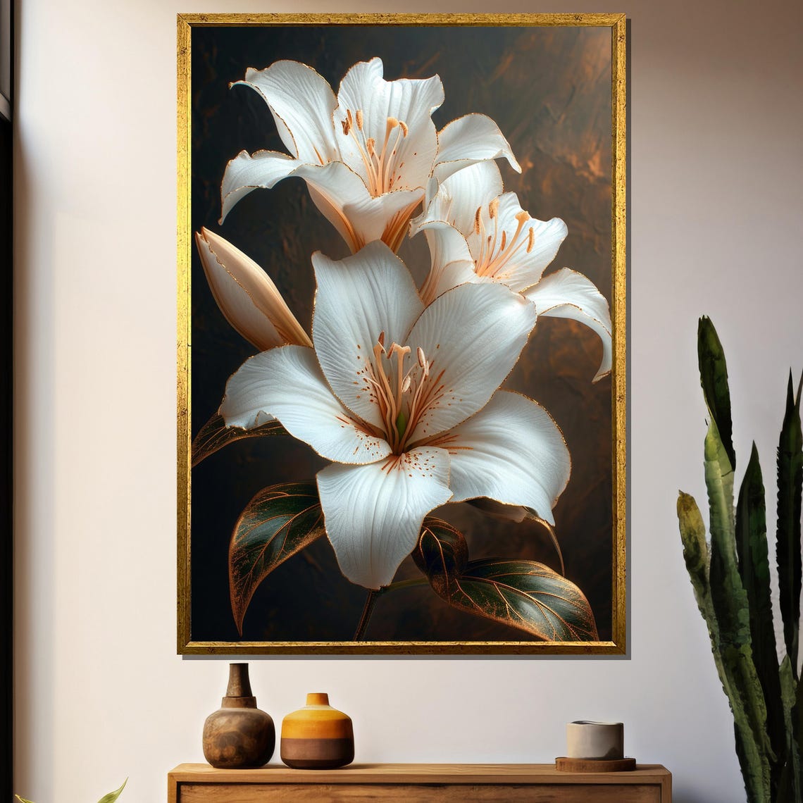 White Lilies With Golden Edged Petals Elegant Floral Wall Art