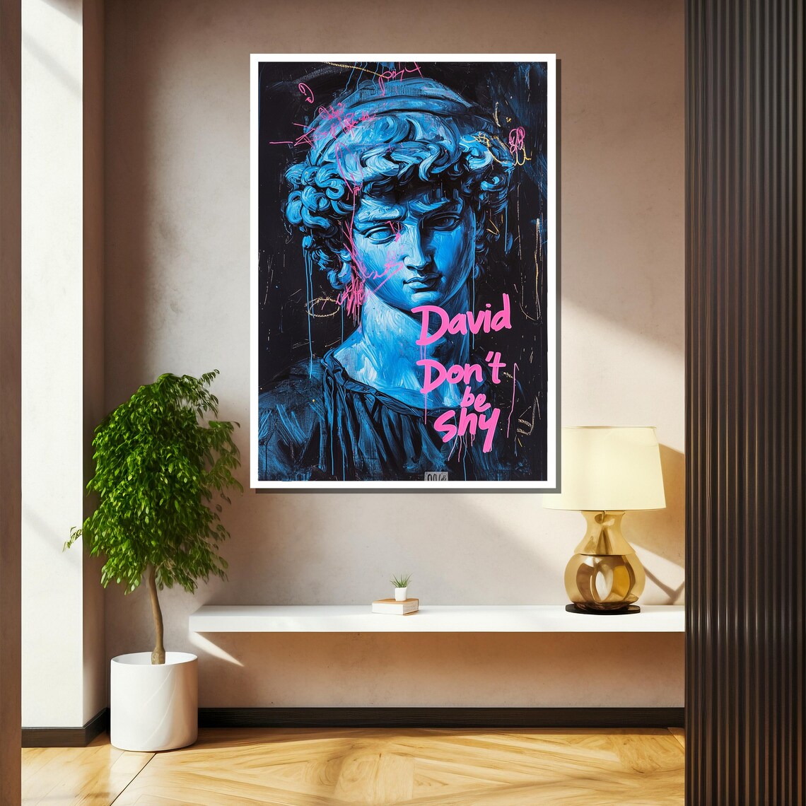 Michelangelo David Blue Portrait With Pink Graffiti Art Poster - Image 2