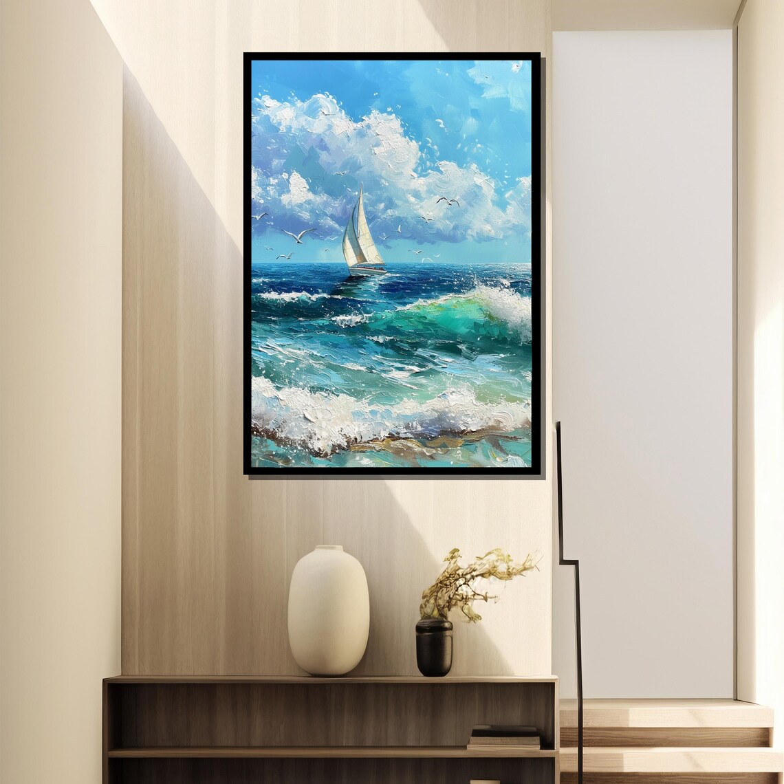 Sailboat Gliding Over Turquoise Ocean Waves Seascape Art Poster - Image 4