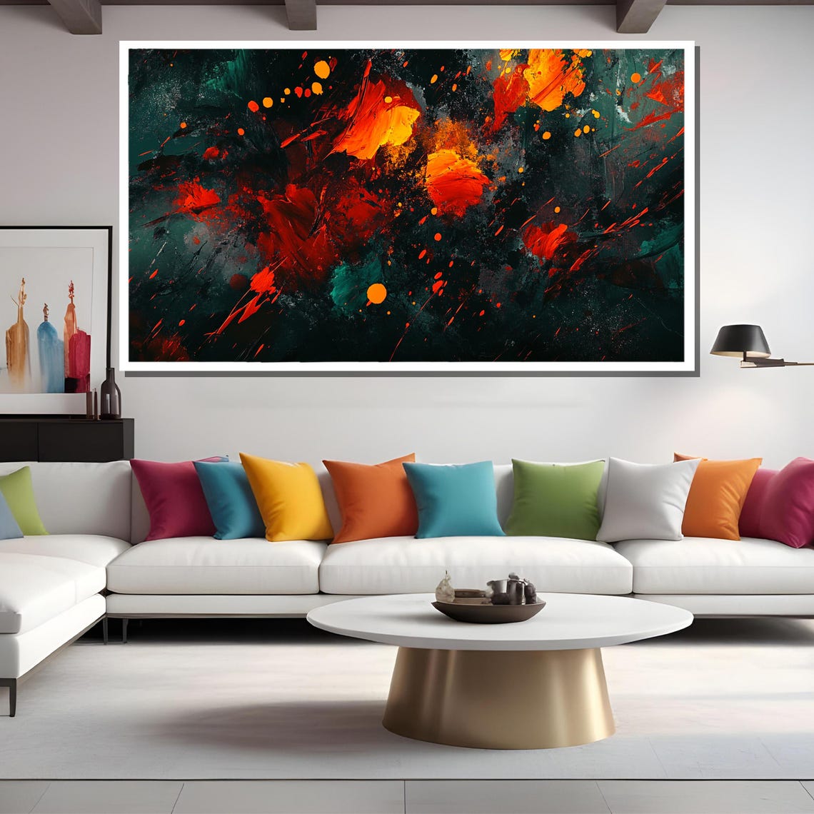 Dynamic Abstract Art In Red Orange And Green Modern Splash Paint Design For Bold Interiors - Image 2