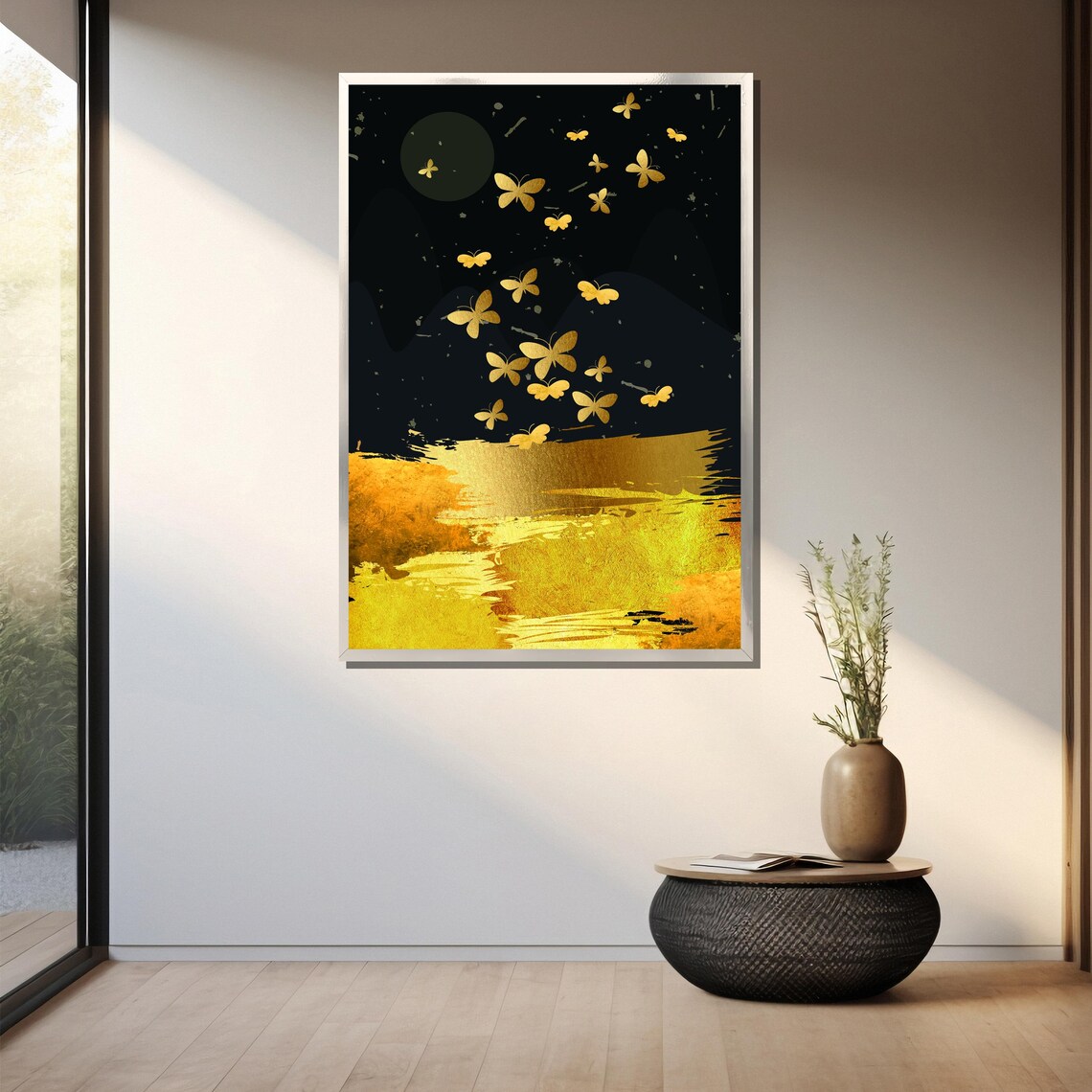Golden Butterflies in Flight Over Black Night Sky with Moon Poster - Image 3