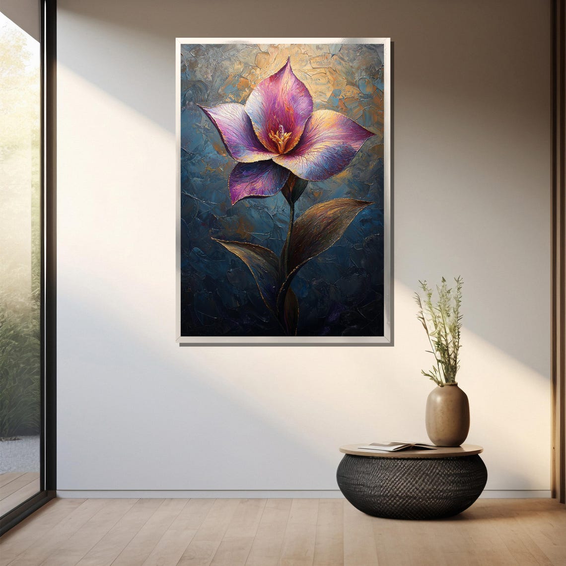 Purple Orchid Bloom Impasto Closeup Textured Floral Wall Art - Image 3