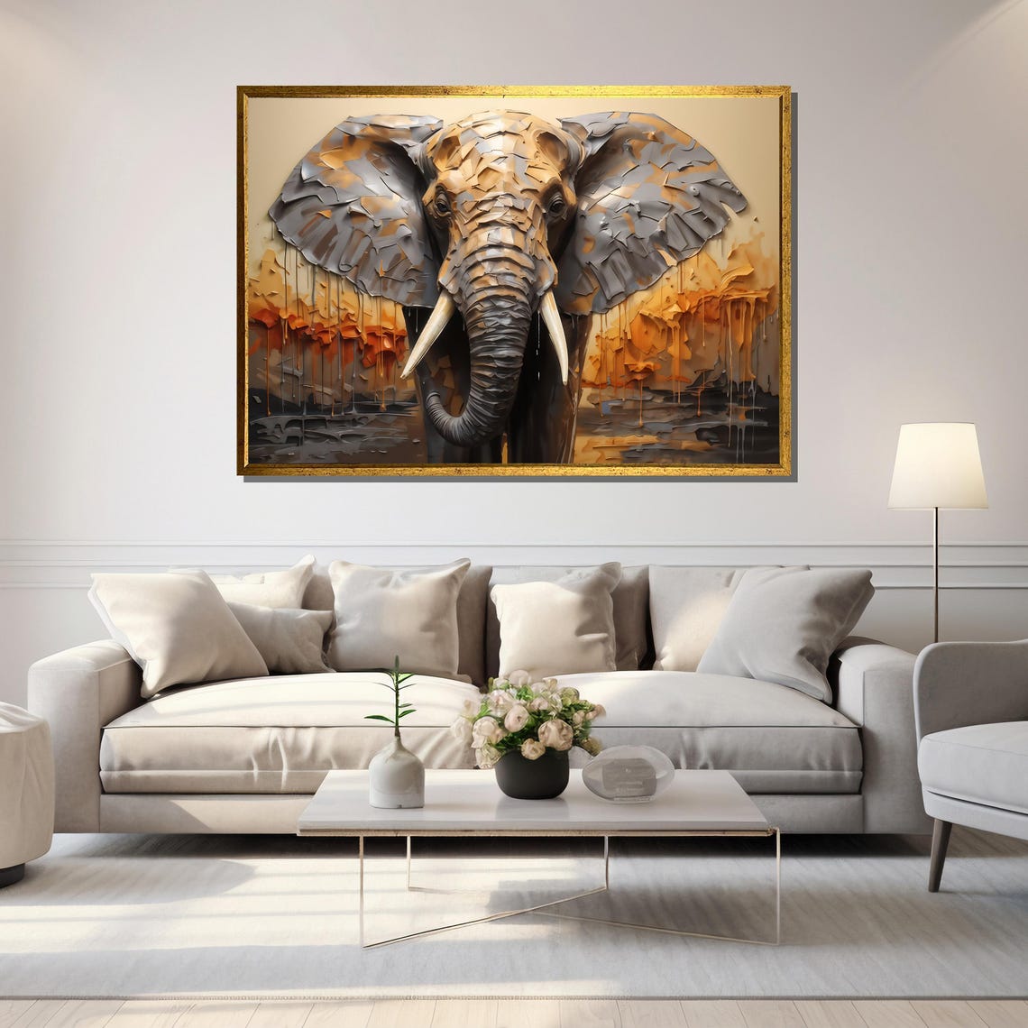 Textured 3D Elephant Head In Gray And Gold High Relief Style Poster - Image 5
