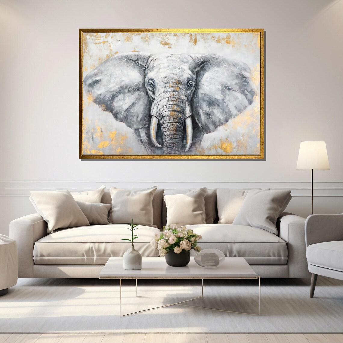 Gray Elephant Face With Gold Leaf Accents Elegant Wildlife Art Poster - Image 5