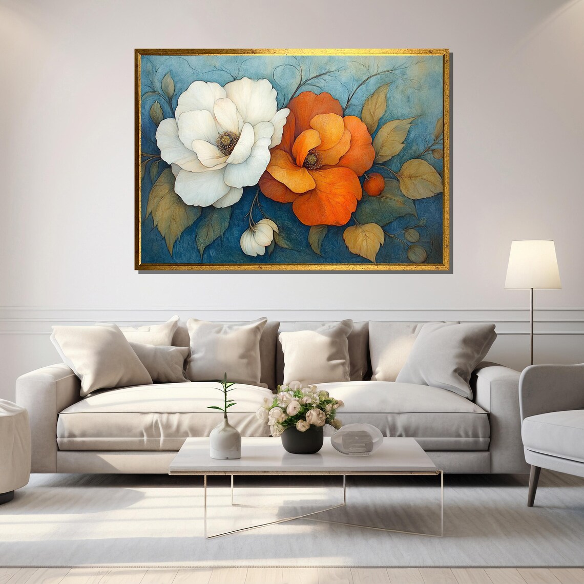 White And Orange Blossoms Modern Elegant Botanical Floral Wall Art - Image 5