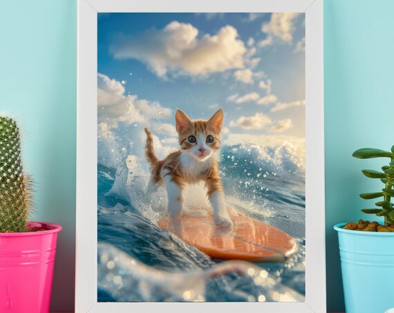 Cat Print, Cute Surfing Kitty Wall Art