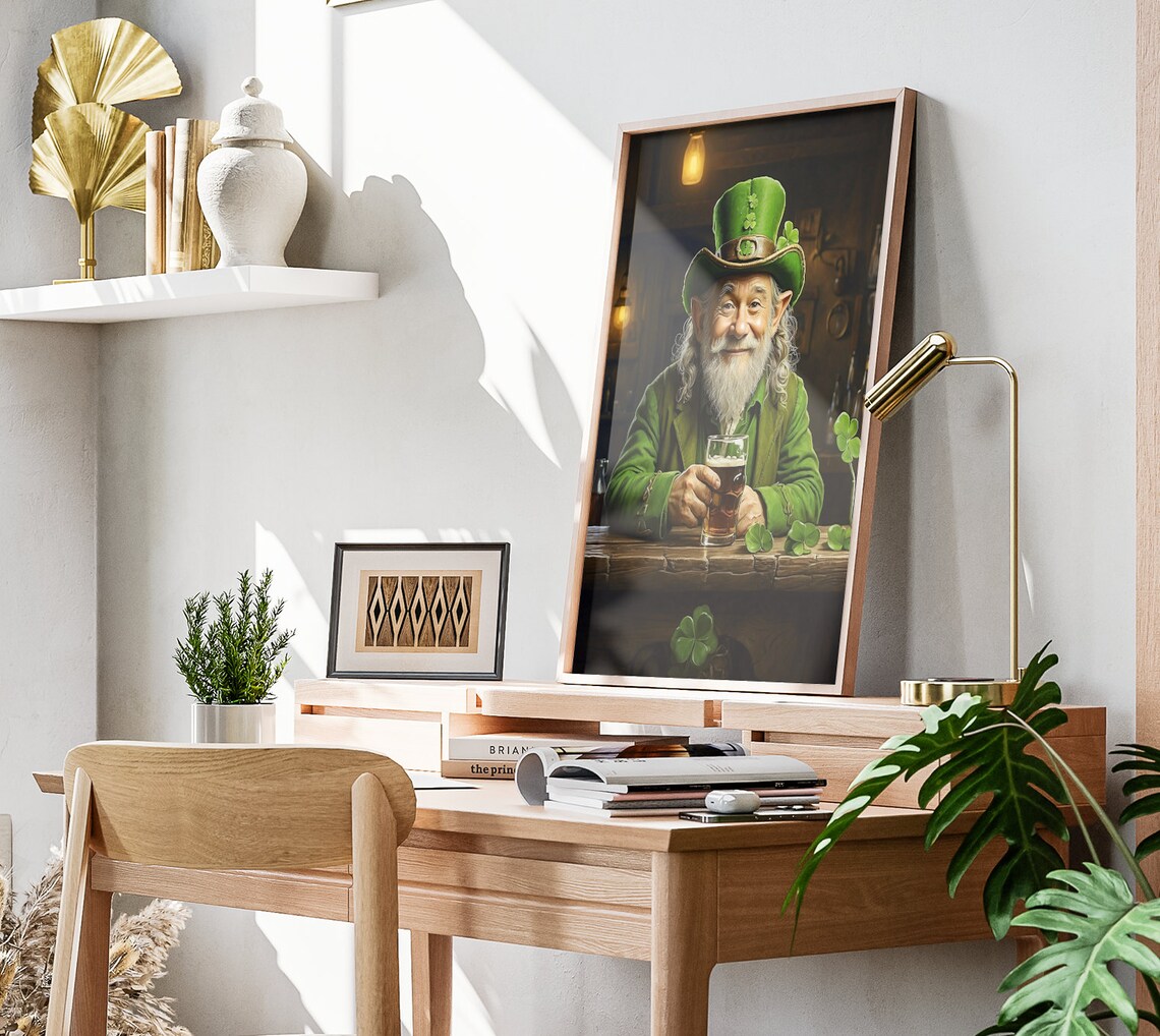 Saint Patricks Day Leprechaun Drinking Beer Shamrock Pub Portrait Wall Art - Image 3