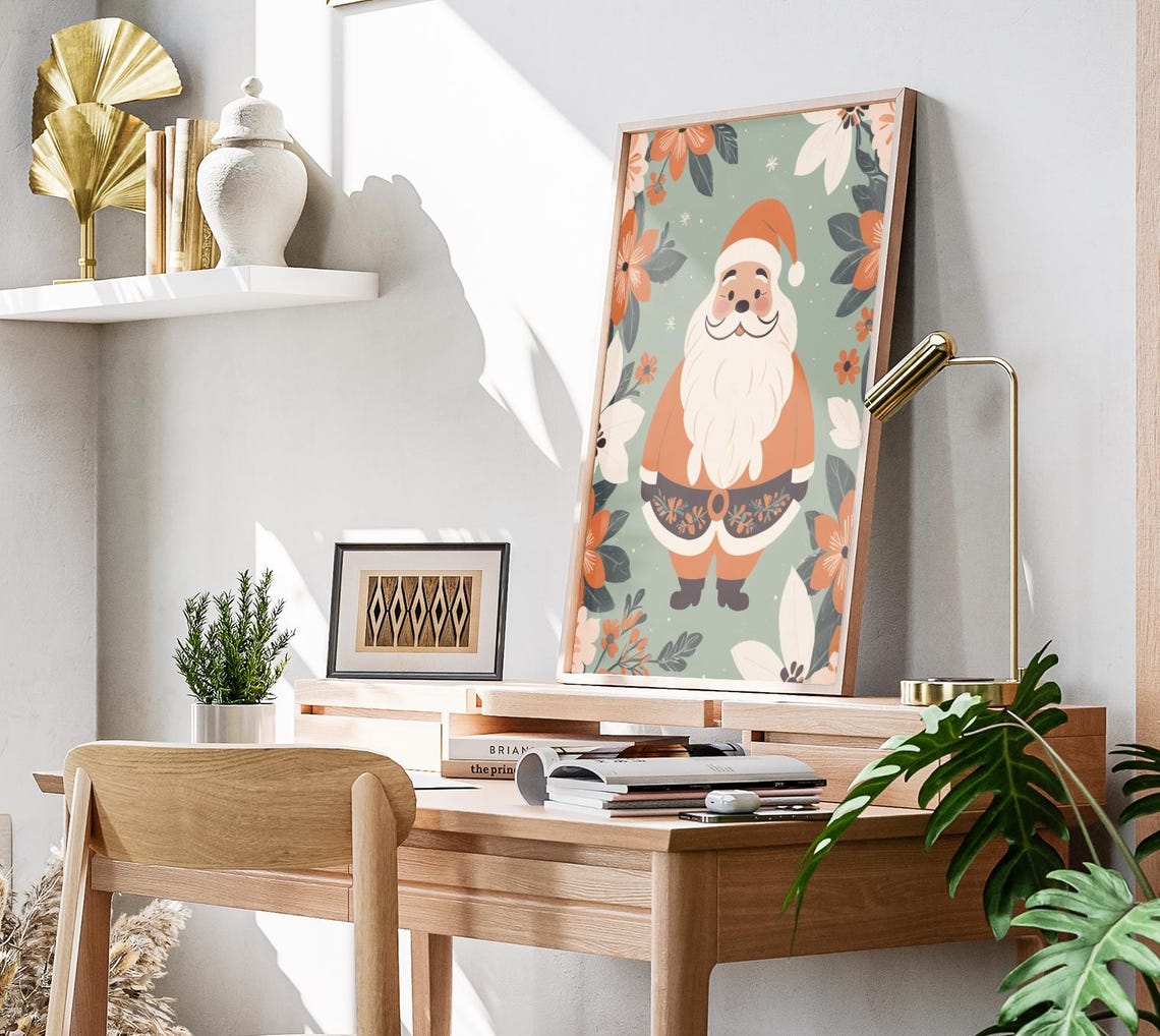 Boho Santa Claus Orange Suit Floral Border Christmas Holiday Poster - Image 3