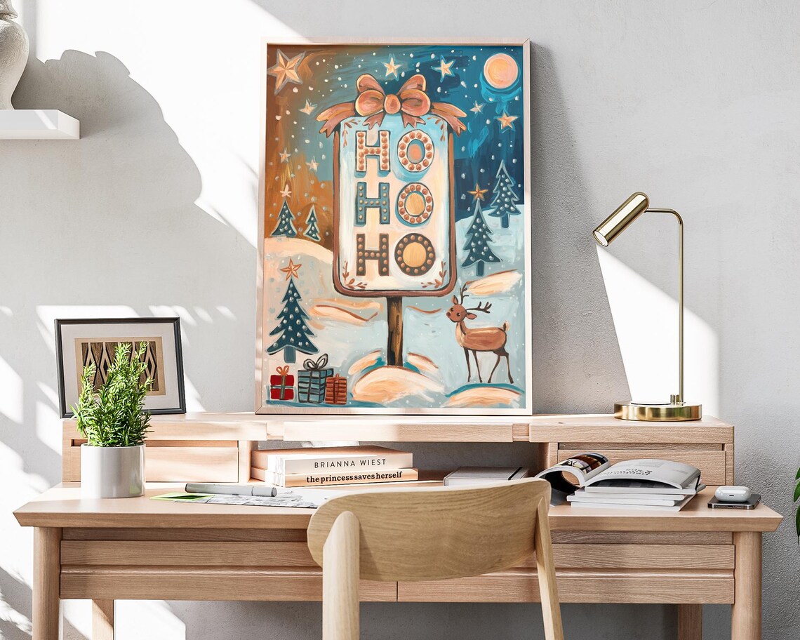 Ho Ho Ho Christmas Sign Reindeer Snowy Night Painterly Art Poster - Image 4