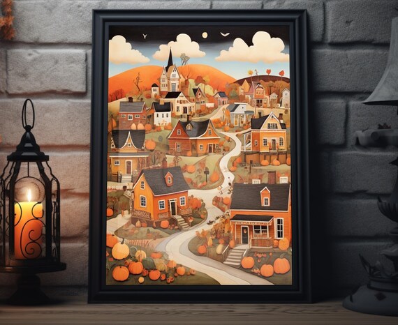 Autumn Village Hilltop Church Winding Road Night Sky Folk Art Poster