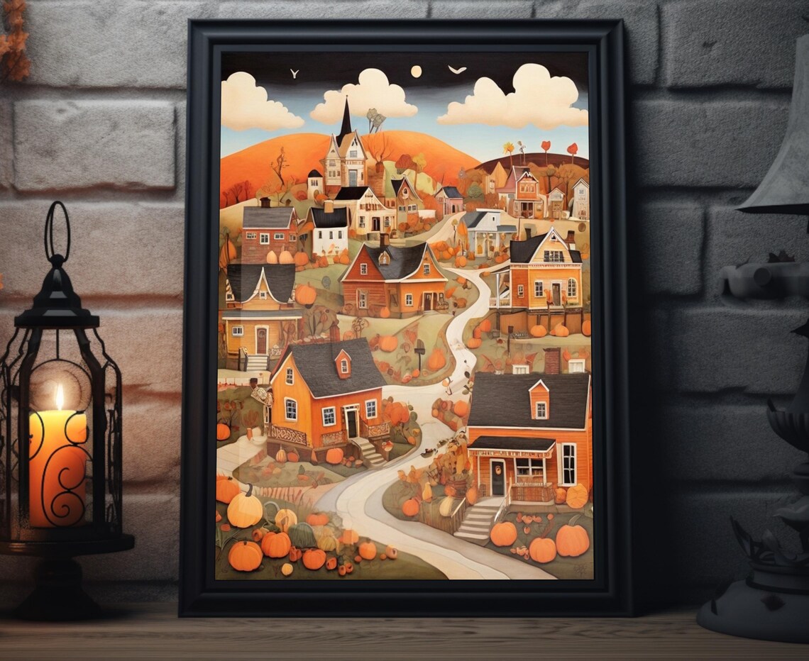 Autumn Village Hilltop Church Winding Road Night Sky Folk Art Poster