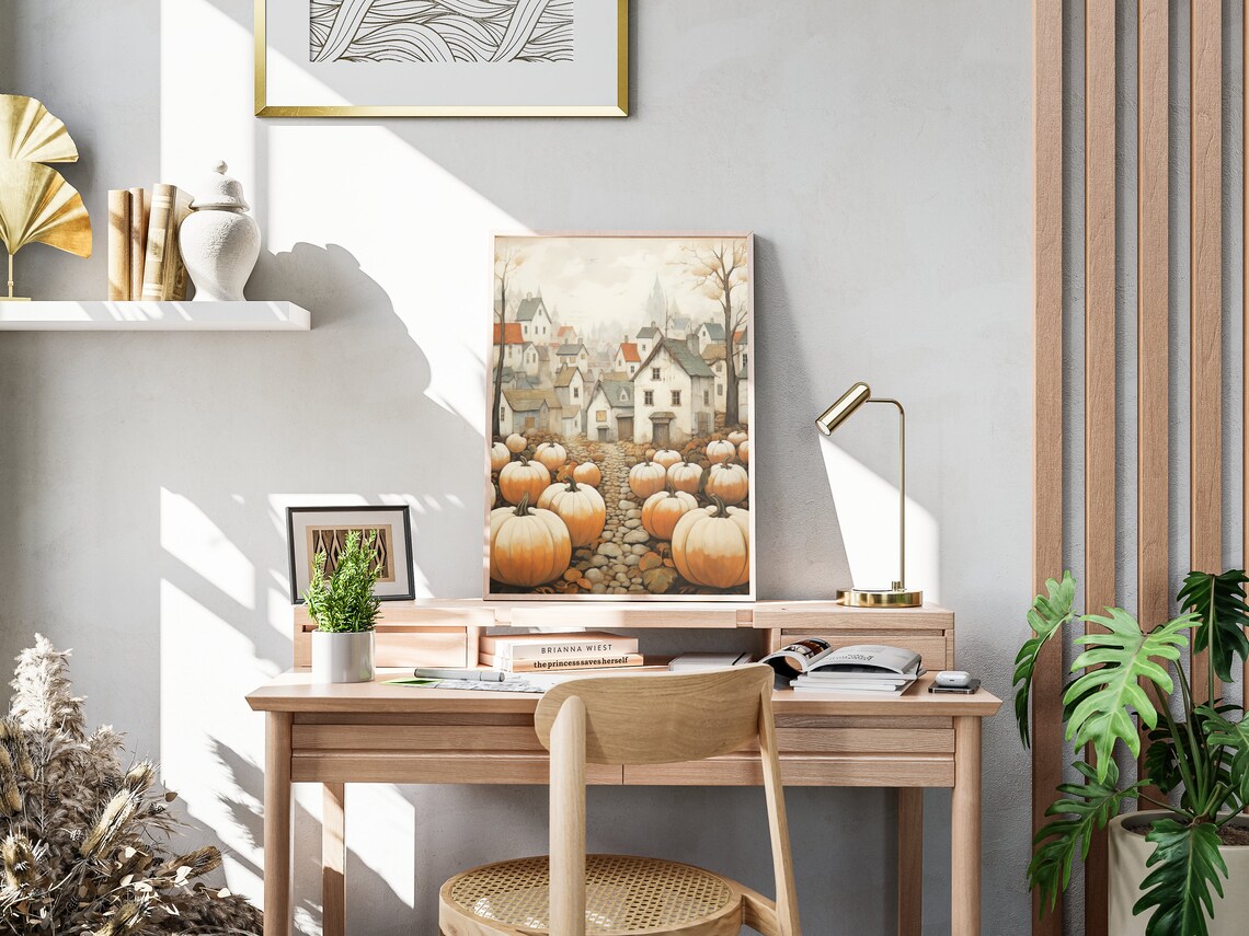 Vintage Harvest Village Street With Cream Pumpkins Autumn Wall Art Poster - Image 4