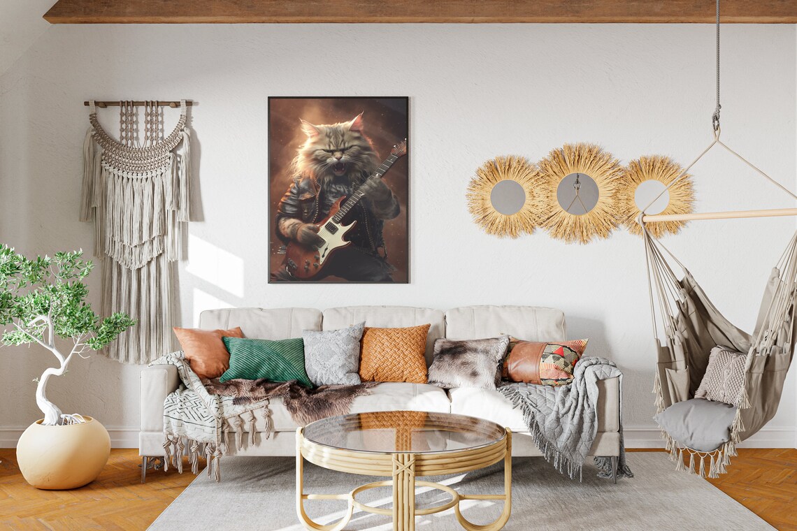 Rock Star Cat Leather Jacket Electric Guitar Portrait Poster - Image 2