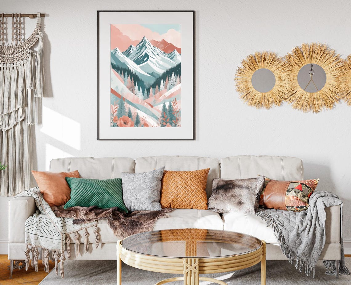 Pastel Abstract Snowy Mountain Pines Winter Landscape Art Poster - Image 2