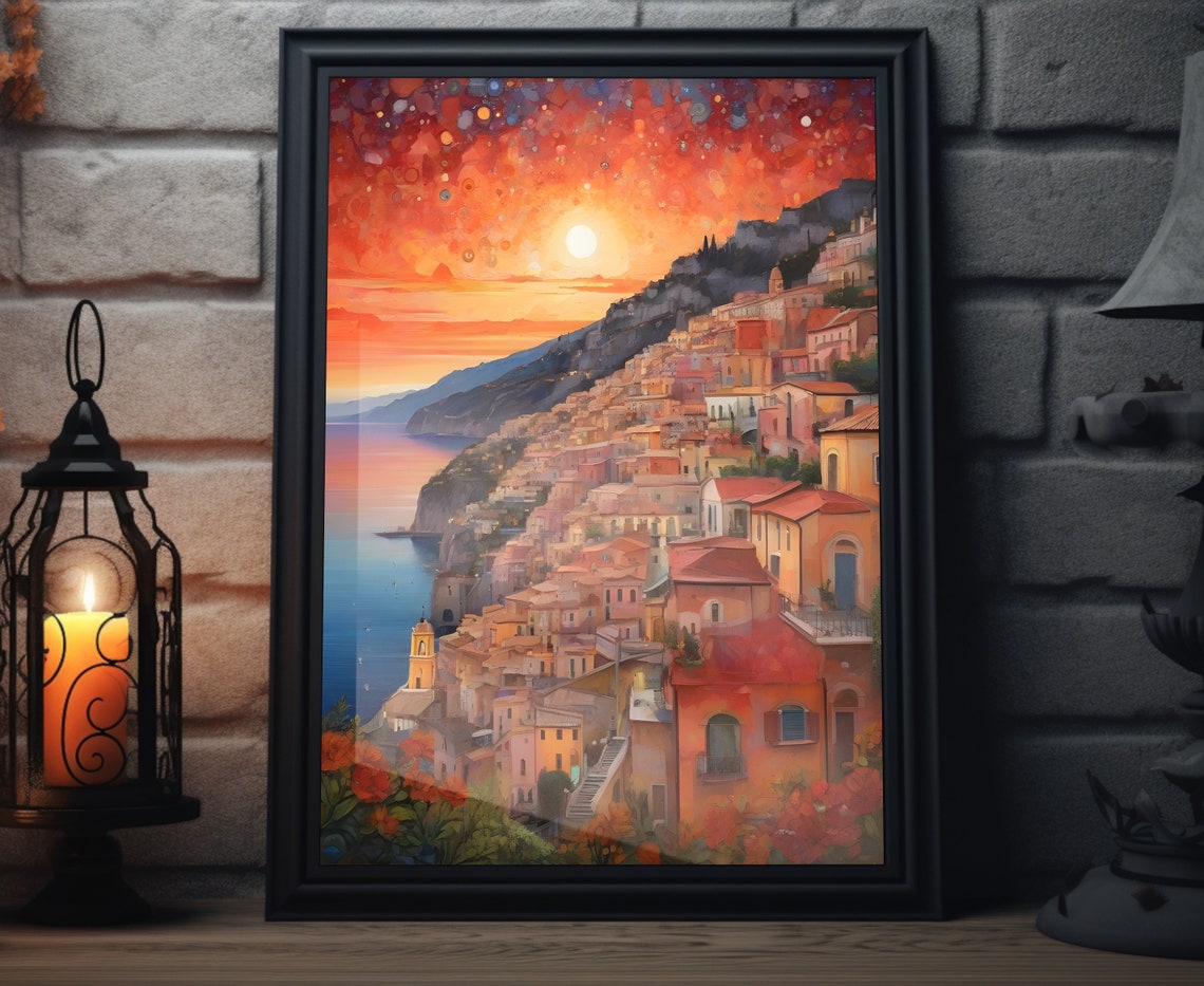 Italy Starry Sunset Matte Wall Art Italian Lakeview Artwork Coastal City Print Italian Painting Italian Decor Italy Folk Art Poster