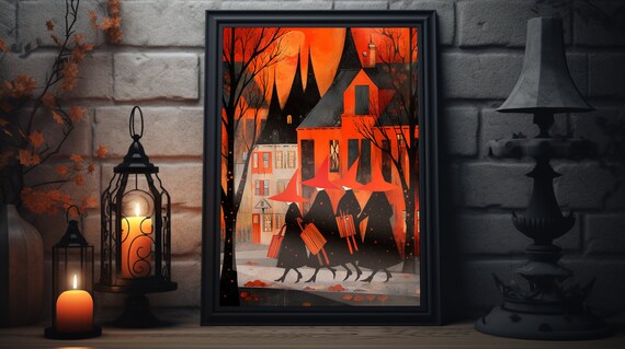 Four Witches Walking Past Orange Haunted House Halloween Night Town Poster