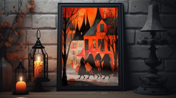Vintage Witches In Halloween Town Folk Art Poster Witchy Halloween Wall Art Abstract Fall Print Cute Halloween Decor