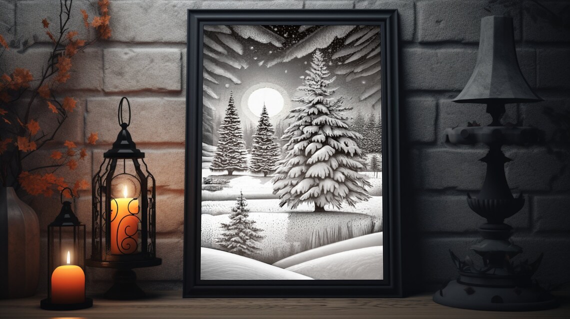 Black and White Winter Forest Snowy Pine Trees Moonlit Night Poster